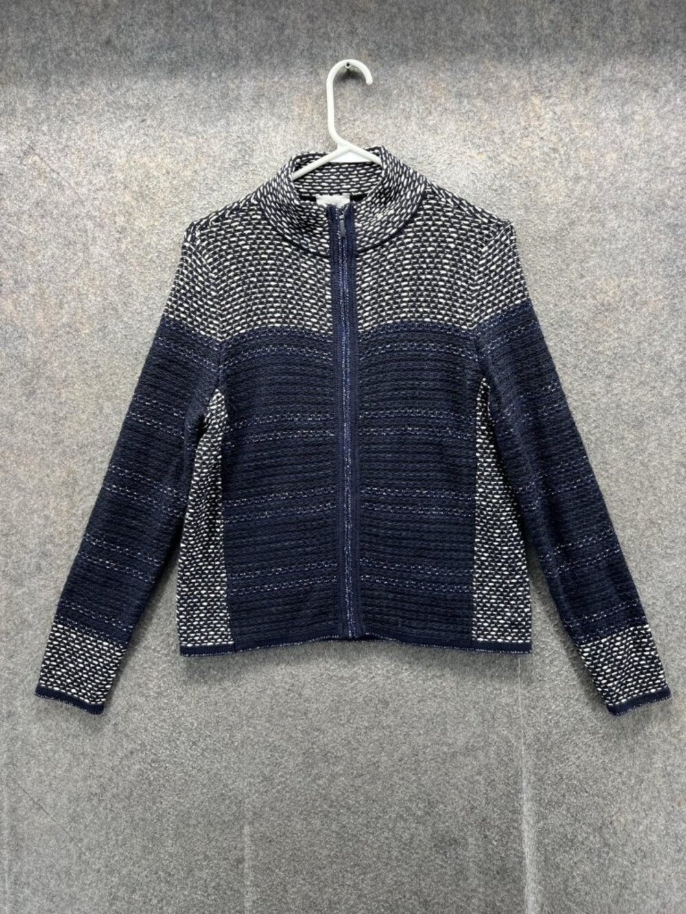 Chico's Sweater Womens 1 Blue Mock Neck Full Zip Striped Knit Long Sleeve - Picture 1 of 10